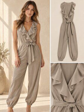 The Hanger Taupe Ruffle Front Tie-Waist Jogger Jumpsuit Size Large